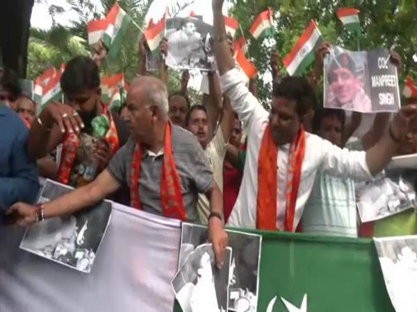 Dogra Front holds protest against Pakistan in Jammu on Thursday (Photo/ANI)