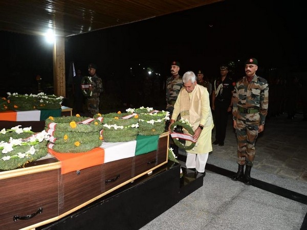 Jammu and Kashmir Lieutenant Governor Manoj Sinha pay tribute to officers killed in J-K's Anantnag encounter (Photo/ANI)