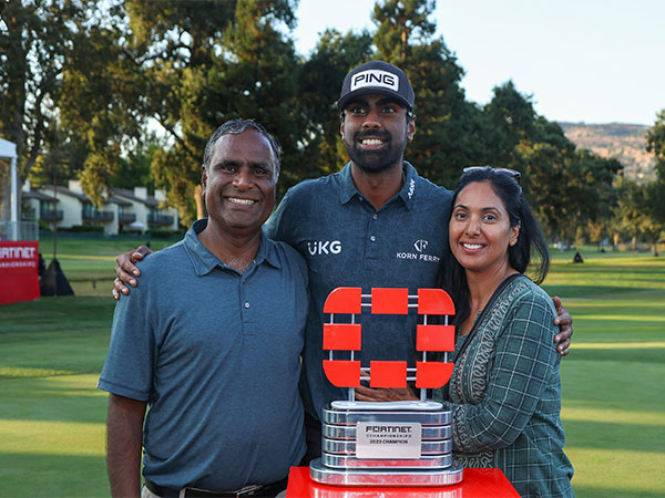 Golfer Sahith Theegala with his parents Muralidhar and Karuna (Image: PGA)