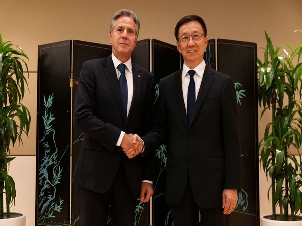 Secretary of State Antony Blinken and Chinese Vice President Han Zheng shake hands while posing for photos, Monday, Sept. 18, 2023, in New York, US (Photo Credits: Reuters)