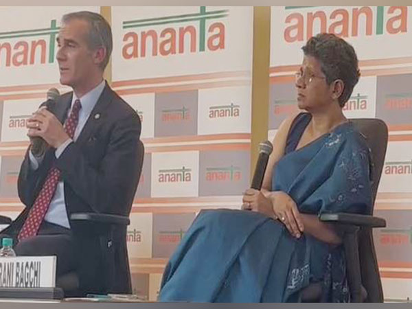 US envoy to India Eric Garcetti and Senior Journalist Indrani Bagchi. (Photo: ANI)