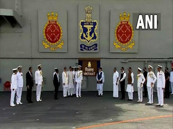 PM narendra Modi onboard INS Vikrant with Navy chief Admiral R Hari Kumar (Photo/ANI)