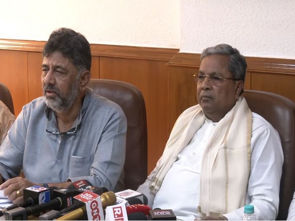 Karnataka Chief Minister Siddaramaiah with Deputy CM DK Shivakumar addressing media in New Delhi (Photo/ANI)
