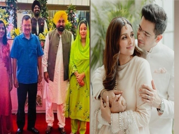 Arvind Kejriwal with wife Sunita Kejriwal, Bhagwant Mann with wife Gurpreet Kaur(Image source/ANI) Parineeti Chopra, Raghav Chadha (Image source: Instagram) 