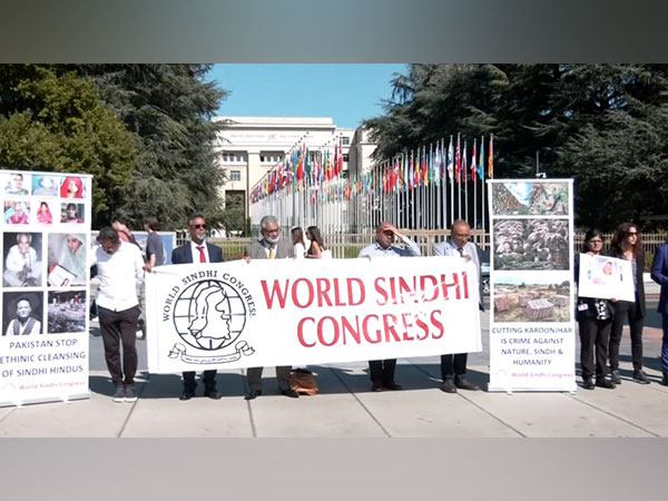 Sindhi activists protesting outside UN Human Righst Council (Photo/ANI)