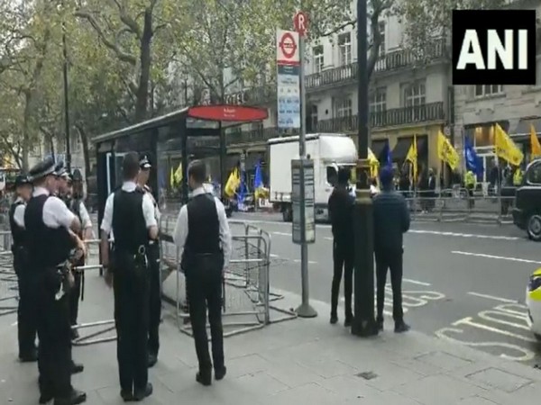 Khalistan supporters gathered outside the Indian High Commission in London. Police restricted them to the opposite side of the premises (Photo/ANI)