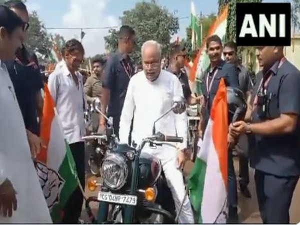 Chhattisgarh CM Baghel riding motorcycle to lead 'Bharosa Yatra' (Photo/ANI)