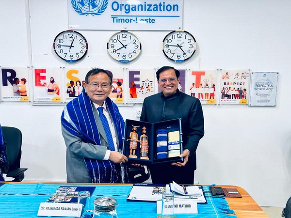 MoS Rajkumar Ranjan Singh with WHO representative Arvind Mathur in Timor Leste. (Photo Credit: X/@InLeste)