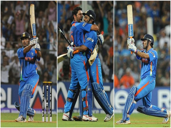 MS Dhoni celebrating his WC winning six with Yuvraj Singh. (Photo- ICC CWC Twitter)