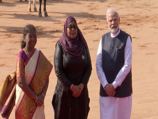 President Droupadi Murmu, Tanzanian President Samia Suluhu Hassan, and Prime Minister Narendra Modi at Rashtrapati Bhavan (Photo/ANI) 