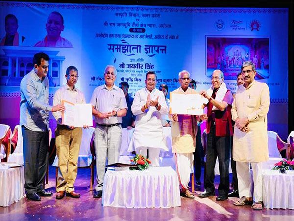 Minister Jaiveer Singh and Shri Ram Mandir Construction Committee Chairman Nripendra Mishra. (Photo/ Jaiveer Singh Twitter)