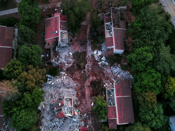 An aerial view shows damage caused following a mass infiltration by Hamas gunmen from the Gaza Strip, in Kibbutz Beeri in southern Israel. (Photo Credit: Reuters)