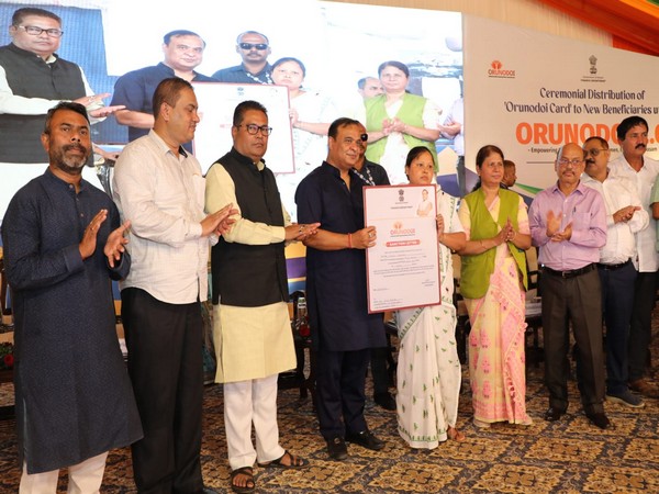 Assam CM Himanta Biswa Sarma distributed “Orunodoi Card” to beneficiaries under Orunodoi 2.0 in Jorhat. (Photo/ANI)