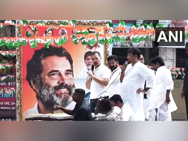 Congress leader Rahul Gandhi addressing Congress workers in Bhupalpally, Telangana (Photo/ANI)