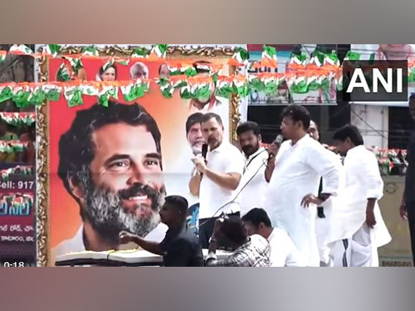 Congress leader Rahul Gandhi addressing Congress workers in Bhupalpally, Telangana (Photo/ANI)