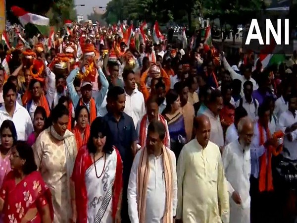 Union Minister Dharmendra Pradhan during the Amrit Kalash Yatra (Photo/ANI)