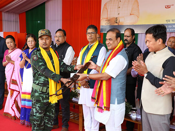 Assam Chief Minister Himanta Biswa Sarma attends arms lay down by former cadres of DNLA (Image/ANI)