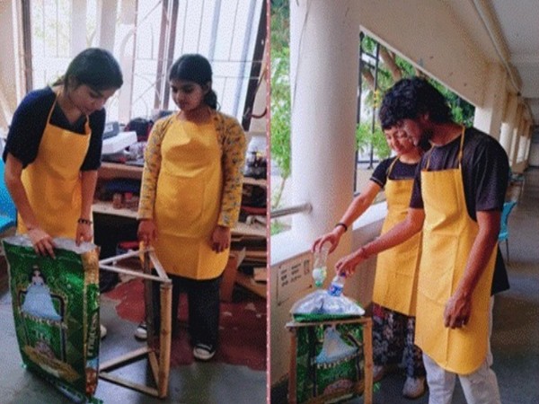 Student at National Institute of Design, Andhra Pradesh with trash cans made of recycled materials (Photo/PIB)