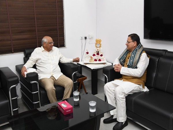 Uttarakhand CM Pushkar Singh Dhami meets Gujarat CM Bhupendra Patel in Gandhinagar (Photo/ANI)