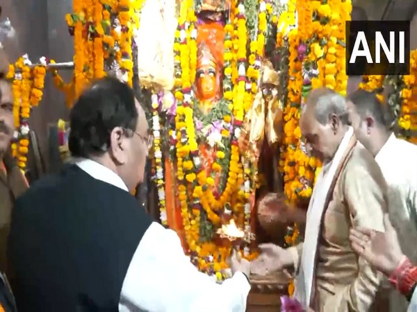 BJP president JP Nadda offers prayers at Chirahula Temple in Rewa (Phpto/ANI)