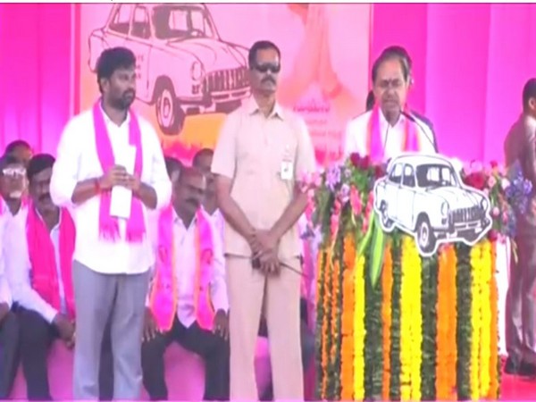 Telangana Chief Minister K Chandrashekar Rao at a rally in Mancherial on Tuesday (Photo/ANI)