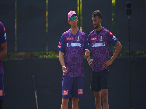Pacer Prasidh Krishna with Rajasthan Royals' Fast bowling coach Shane Bond (Image: RR)