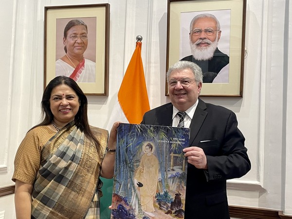 MoS MEA Meenakashi Lekhi meets Secretary General for Greeks Abroad and Public Diplomacy John Chrysoulakis in New Delhi on Friday. (Photo Credit: X/@M_Lekhi)