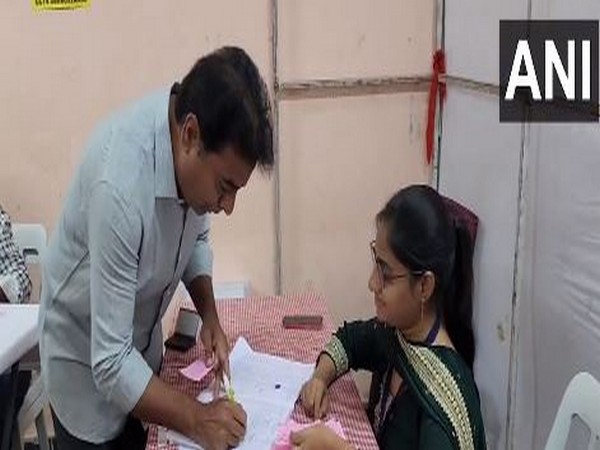 Telangana Minister KT Rama Rao casts his vote (Photo/ANI)