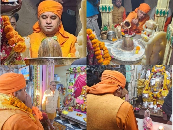 Balaknath praying at a Lord Shiva temple on Rajasthan poll results day (Images: X/@MahantBalaknath)