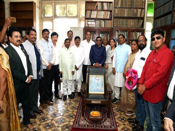 Members of the Committee with the personal study chair of Ambedkar at Siddharth College library. (Photo/PIB)