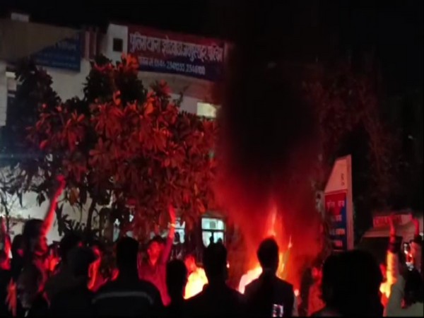 Visuals from outside Jhotwara police station, Jaipur. (Photo/ANI)