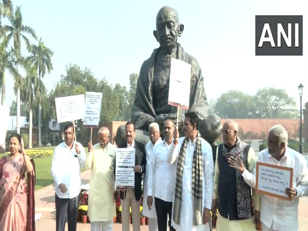 BJP MPs from Karnataka protested in front of Gandhi statue in Parliament over Belagavi incident (Photo/ANI)