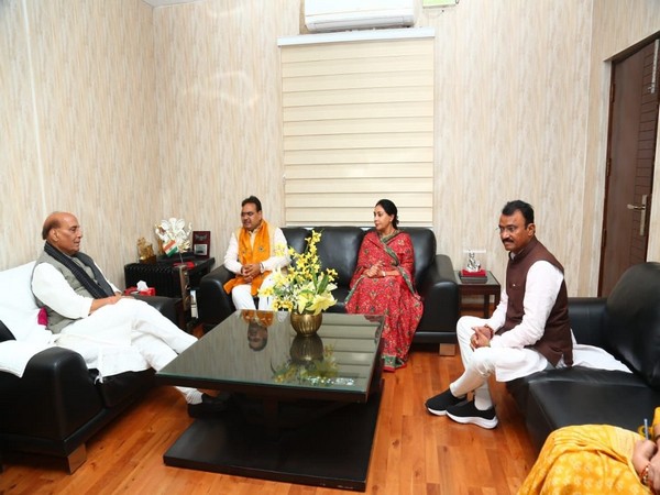 Rajasthan Chief Minister Bhajan Lal Sharma, Deputy CMs Diya Kumari and Prem Chand Bairwa, meet Union Minister Rajnath Singh in Delhi (X/@rajnathsingh)