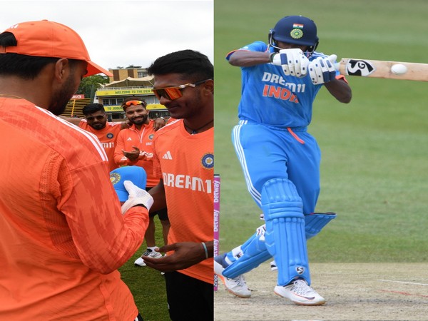 Sai receiving his debut cap (left) and Sai in action (right). (Photo- Sai Sudharsan Twitter)
