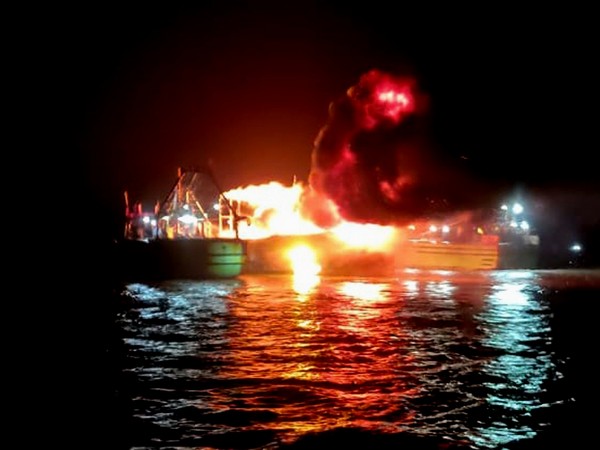 The fishing boat up in flames. (Photo/ANI)