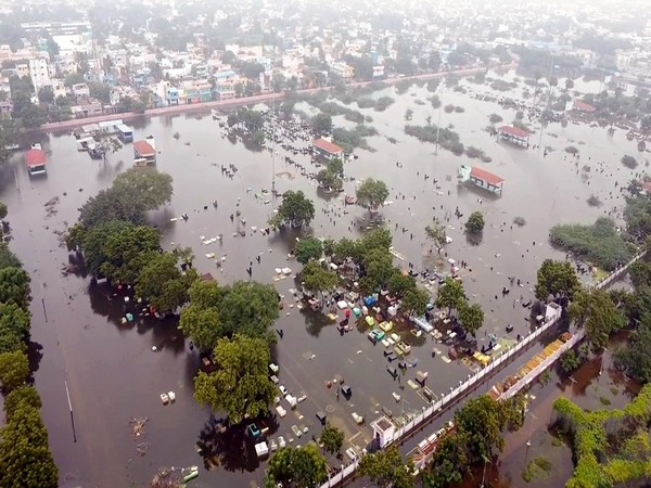 Drone visuals of severe waterlogging in Thoothukudi city in Tamil Nadu. (Photo/ANI)