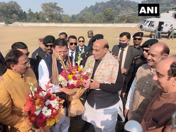 Defence Minister Rajnath Singh and Lok Sabha Speaker Om Birla arrived in Haridwar; received by Uttarakhand Chief Minister Pushkar Singh Dhami. (Photo/ANI)