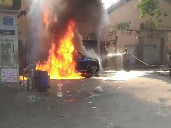 A fire broke out in a car near the Mint compound in Hyderabad on Wednesday. (Photo/ANI)