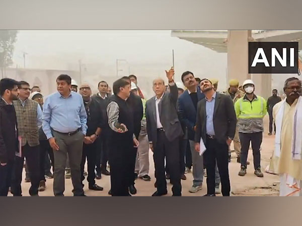 Ram Mandir Construction Committee chairman Nripendra Misra inspecting the work (Photo/ANI)