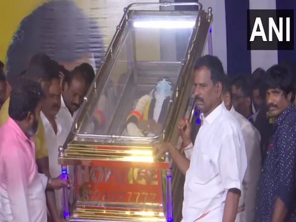 Mortal remains of DMDK chief Vijayakanth brought to Island Ground in Chennai (Photo/ANI)