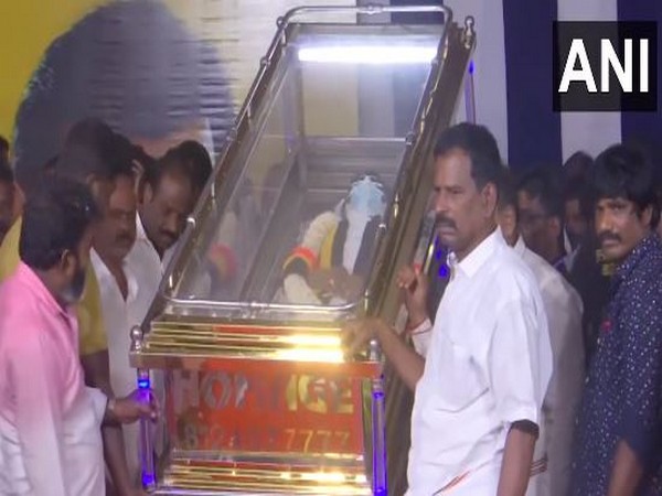 Mortal remains of DMDK chief Vijayakanth brought to Island Ground in Chennai (Photo/ANI)