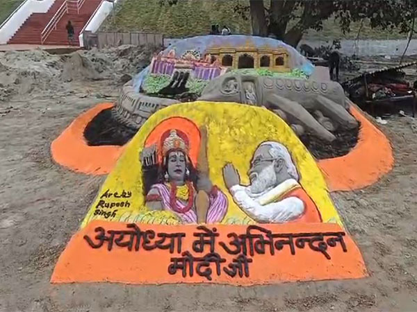 Sand artist Rupesh Singh creates sand figures in Ayodhya (Image/ANI)