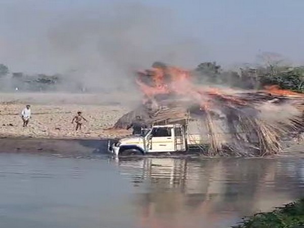 Jute stick laden vehicle catches fire in Darrang district (Image/ANI)
