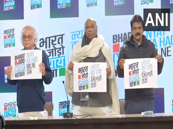 Congress leaders unveil logo and slogan of Bharat Jodo Nyay Yatra. (Photo/ANI)