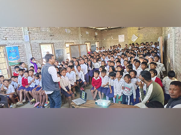 Students being sensitized to the importance of Rhinos in the ecosystem at a school in Assam (Photo credit: ANI)