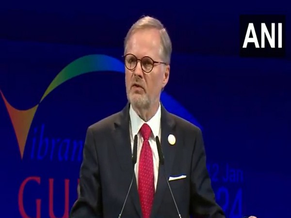 Prime Minister of the Czech Republic, Petr Fiala addresses Vibrant Gujarat Global Summit 2024 in Gandhinagar, Gujarat. (Photo: ANI)