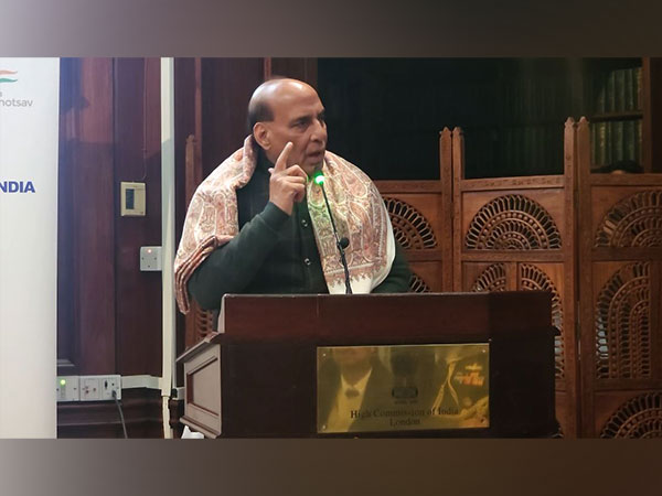 Union Defence Minister Rajnath Singh addresses community reception in London (Photo/ANI)