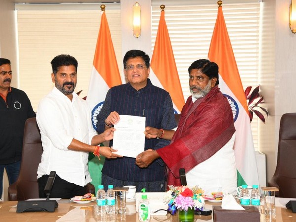 Telangana CM Revanth Reddy along with Deputy Chief Minister Bhatti Vikramarka Mallu called on Union Minister of Industry & Commerce Piyush Goyal on Saturday. (Photo/ANI)