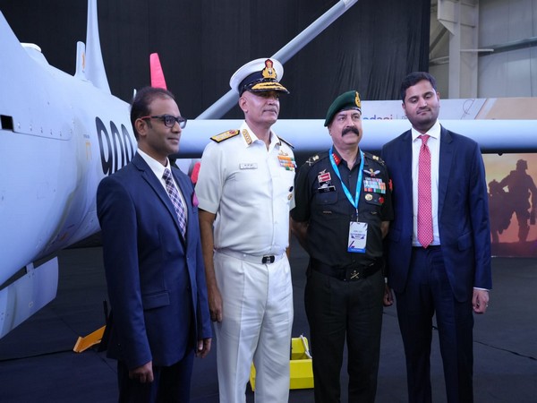 Indian Navy chief Admiral R Hari Kumar, Lt Gen AK Suri, Adani Enterprises VP Jeet Adani, Adani Defence President Ashish Rajvanshi at unveiling of Drishti-10 drones in Hyderabad (Photo/ANI)