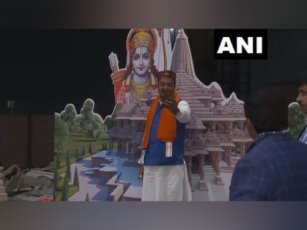 UP Deputy Chief Minister Keshav Prasad Maurya takes a selfie with a cutout of 'Ram Mandir' (Photo/ANI)
